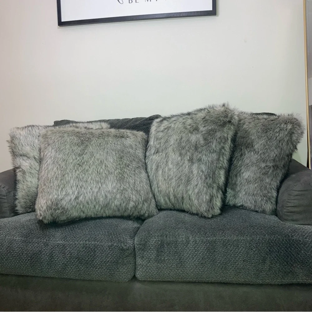 Grey Fluffy Faux Fur Large Couch Throw Pillows NEW